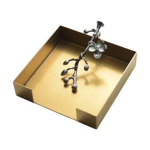 Servilletero cuadrado de acero inoxidable dorado con peso decorativo de rama plateada