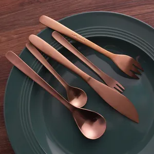 Retro Rose Gold 304 Stainless Steel Willow Leaf Flatware Dessert Coffee Spoon Cake Fork Steak Dinner Knife Cutlery Set