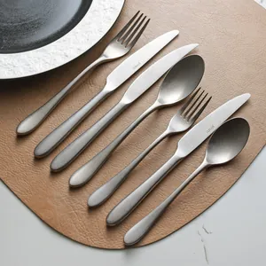 Vintage distressed silver stainless steel cutlery set with steak knives forks and spoons