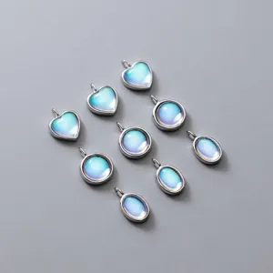 925 Sterlingsilber Galvanisiert Eingelegt Blau Mondstein Katzenauge Edelstein Geometrisch Anhänger Charme Für DIY Handgefertigt Armband Kette Schmuckherstellung Basteln Zubehör