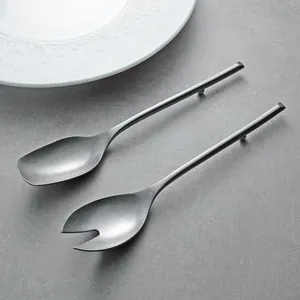 304 Stainless Steel Serving Spoon Matte Finish Long Handle Public Spoon Buffet Salad Fork Restaurant Tableware