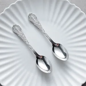 Vintage embossed floral stainless steel dessert and coffee spoons set of 2 with mirror finish