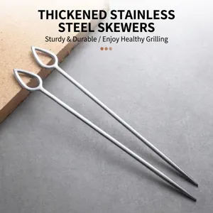 Two professional-grade 304 stainless steel BBQ skewers featuring ergonomic drop-shaped handles