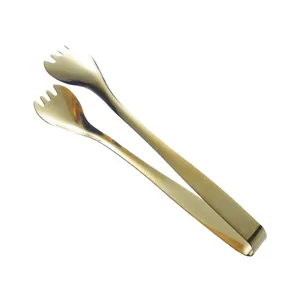 Gold 304 stainless steel food tongs for ice cubes and desserts on white background