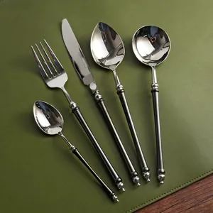 Vintage Japanese style 304 stainless steel cutlery set with black and silver handles