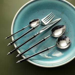 Vintage 5-piece 304 stainless steel cutlery set with black decorative handles