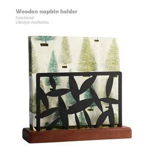 Stainless Steel Napkin Holder With Solid Wood Base Hollow Out Leaf Pattern Black Tabletop Paper Dispenser For Hotel Restaurant Home Decor
