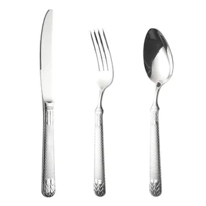 Elegant 3-piece stainless steel cutlery set with textured handles, knife fork spoon