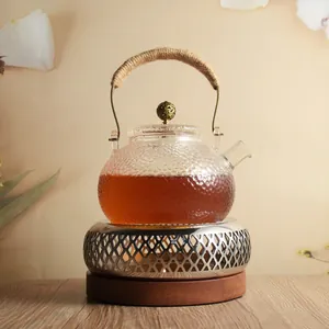 Chinese Retro Stainless Steel Tea Warmer Stand Candle Heating Heat Resistant Glass Infuser Teapot Set For Home Office Tea Ceremony