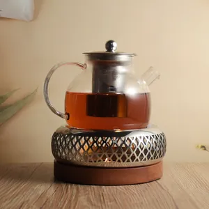 Chinese style retro stainless steel tea warmer with glass teapot and solid wood base
