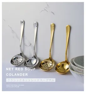 Set of mirror-finish 304 stainless steel soup ladles and colanders for elegant hot pot dining
