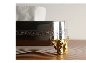 Close-up van luxe roestvrijstalen tissuebox met sierlijke gouden leeuwenkopvoeten.