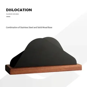 Modern Nordic mountain design napkin holder with walnut wood base and black metal stand