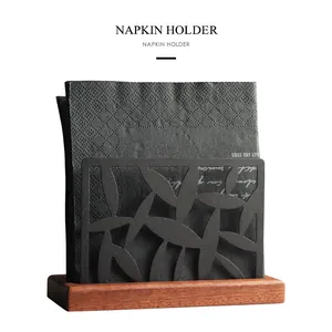 Nordic Creative Stainless Steel Wood Base Napkin Holder Black Leaf Hollow Metal Paper Organizer For Restaurant Hotel Home Kitchen Table