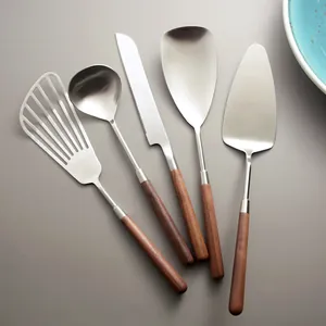 304 Stainless Steel Walnut Wood Handle Cutlery Set Steak Knife Fork Serving Spoon Spatula Kitchenware For Home Dining