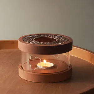Elegant handcrafted walnut wood and glass candle tea warmer base for cozy tabletop use