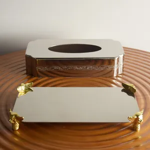 Luxe roestvrijstalen tissuedoos set met gravure en gouden decoratieve pootjes goud