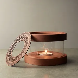 Elegant walnut wood candle tea warmer base with traditional cloud carving patterns