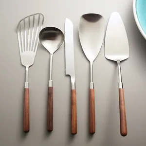 5pcs Walnut Wood Handle Stainless Steel Kitchen Utensil Set with Spatula and Ladle