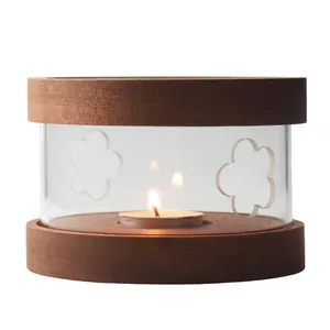 Walnut wood tea warmer with glass cylinder and floral cutouts for tealight candles