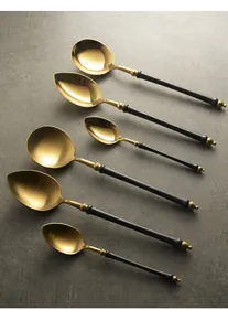 Close-up of six gold and black stainless steel spoons in various shapes and sizes.