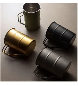 Retro oil drum style stainless steel camping mugs in four different metallic finishes