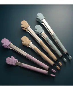 Colorful stainless steel kitchen tongs with mitten-shaped silicone tips and matching grips.