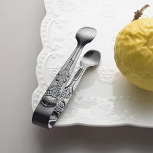 Elegante 304 roestvrijstalen voedseltang met vintage roosreliëf voor suiker en ijsblokjes