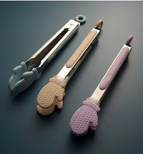 Stainless steel kitchen tongs with cute mitten-shaped silicone heads in pastel colors