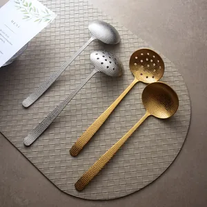 Hammered 304 stainless steel long handle soup and slotted spoons set for hot pot