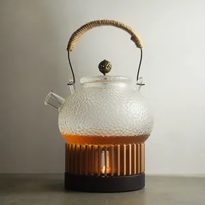 Heat Resistant Ribbed Glass Teapot With Wooden Handle Light Luxury Tea Warmer Base Candle Heater For Flower Scented Tea Home Kitchen Decor