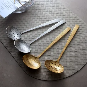 Premium 304 stainless steel hammered texture long handle hot pot soup and slotted spoon set