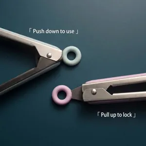 Stainless steel food tongs with silicone locking ring mechanism in light blue and pink.