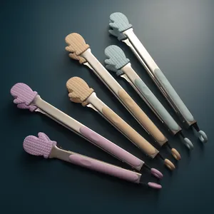 Stainless steel kitchen food tongs with cute mitten-shaped silicone tips and knitted texture
