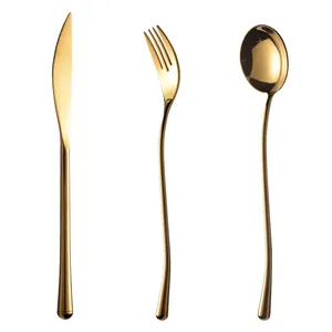 Luxury 3-piece gold stainless steel cutlery set with curved long handles
