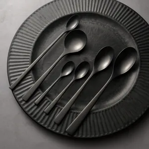 Premium vintage matte black 304 stainless steel spoons set of 6 on dark textured plate