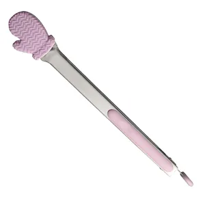Pink silicone mitten food tongs with stainless steel handle for kitchen BBQ cooking.