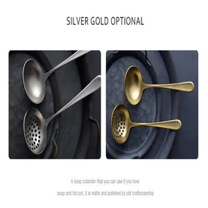 Detail of matte 304 stainless steel soup and colander spoons in gold and silver finish