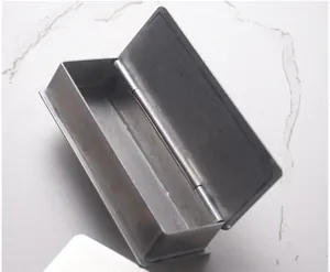 Detailed view of the hinged lid on this vintage rectangular metal toothpick box