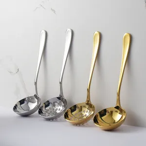 304 Stainless Steel Hot Pot Soup Spoon Large Colander Mirror Polished Long Handle Kitchen Serving Spoon Gold Silver Tableware
