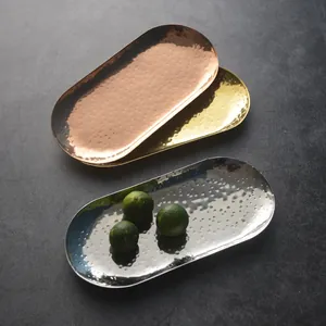 Vassoio Ovale in Acciaio Inossidabile Martellato Piatto Decorativo di Lusso Oro Argento Oro Rosa per Dessert Pasticceria Asciugamani