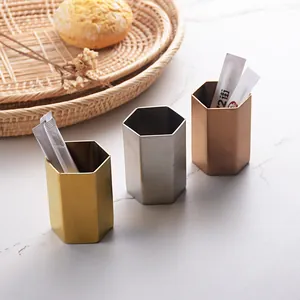Porte-Cure-Dents Hexagonal en Acier Inoxydable Moderne Réservoir de Stockage de Fourchettes à Fruits Miroir Mat Organisateur de Table Décoration