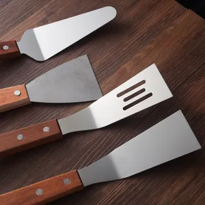 Professional stainless steel spatula set with wooden handles for grilling and pizza