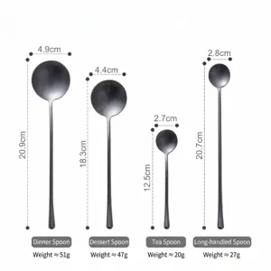 Matte black stainless steel spoon set including dinner dessert and coffee stirring spoons