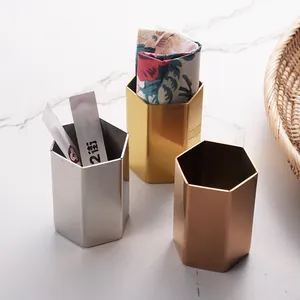 Porte-cure-dents hexagonaux en acier inox en finitions or, argent et or rose.