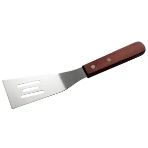 Stainless steel Teppanyaki spatula with wooden handle and slotted blade for grilling