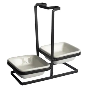 Support de louche double pour fondue avec bols en céramique et cadre en métal noir