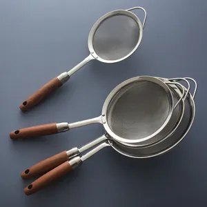 Premium set of 4 stainless steel fine mesh kitchen strainers with ergonomic wood handles