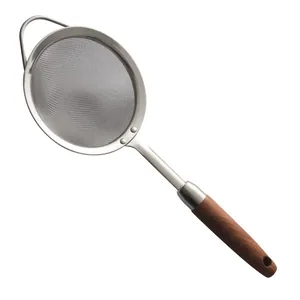 High-quality stainless steel fine mesh kitchen strainer with ergonomic dark wooden handle
