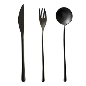 Vintage matte black stainless steel 3-piece cutlery set with knife fork and spoon